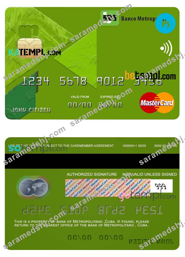 Cuba Metropolitan bank mastercard credit card template in PSD format, fully editable